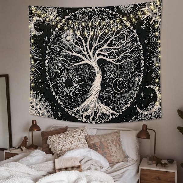130x150cm Elämänpuu Seinävaate Kuu ja Aurinko Musta Seinälle Ripustettava Seinävaate Psykeedeelinen Tähtikuvioinen Mandala Seinävaate Hippityyliin