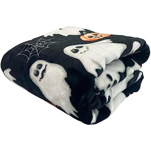 Halloween-teppe: Jack O Lantern-gresskar, hvite spøkelser og edderkoppnett på myk svart fløyelsfleece for sofa