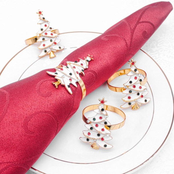 Set med 4 söta julservettringar, metalljulklappsservettringar, servettklämma för jul
