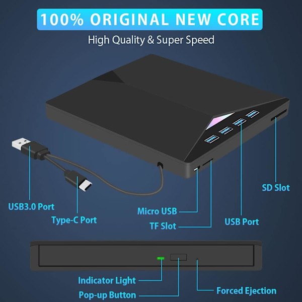 USB 3.0 ja Type-C ulkoinen DVD/CD-ROM-lukija ja poltin SD/TF-kortti- ja USB-lukijalla, CD-RW VCD f
