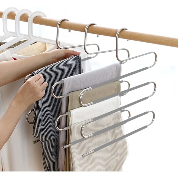 Paket med halkfria platsbesparande S-formade byxhängare i rostfritt stål för byxor, jeans, halsdukar, byxor, slipsar, handdukar (grå)