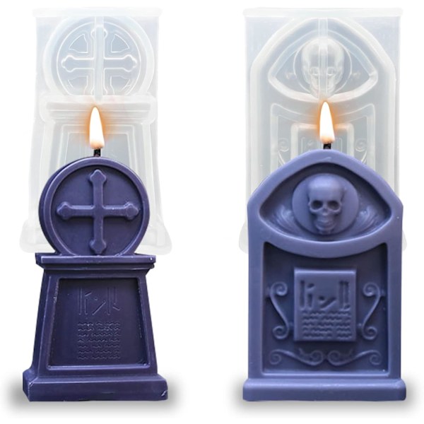 2 stk Gravstein Lysform Halloween Harpiksstøping Silikonform for DIY Aromaterapi Lys Voks Gips Polymerleire