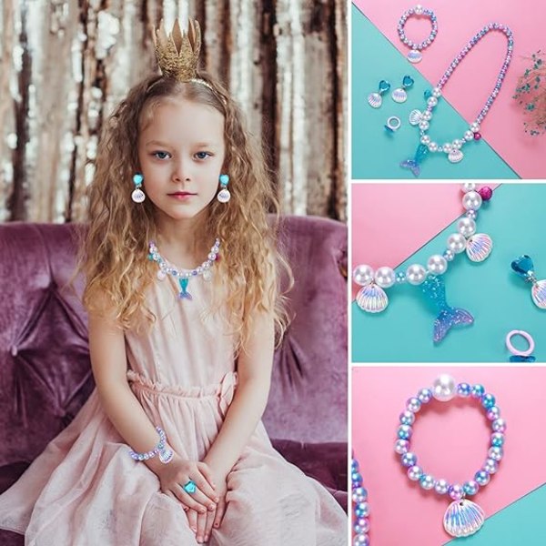 Havfrue smykker for barn, inkluderer halskjede armbånd ringer ørering