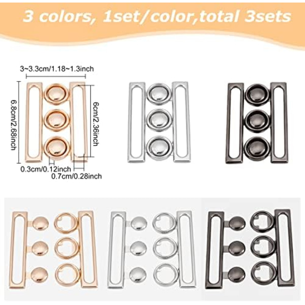3 Set 3 Färger Bred Midjebälte Ögon Spänne, 2.7x1.2 Metallkrok Spänne Fästning Bälte Tillbehör för DIY Midjebälte Hand