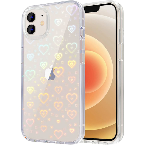 iPhone 12 ja iPhone 12 Pro -kotelo, Kirkas Glitter Cute Laser Holographic Love Heart -kuvio Naiselle ja Tytölle, Anti-Sc