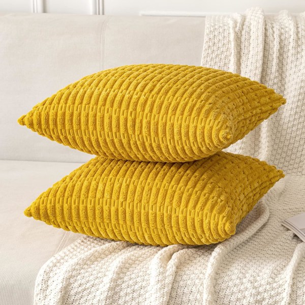 Sæt med 2 firkantede pudebetræk i gul fløjlsbukser 45 x 45 cm Boho dekorativt pudebetræk til Living R