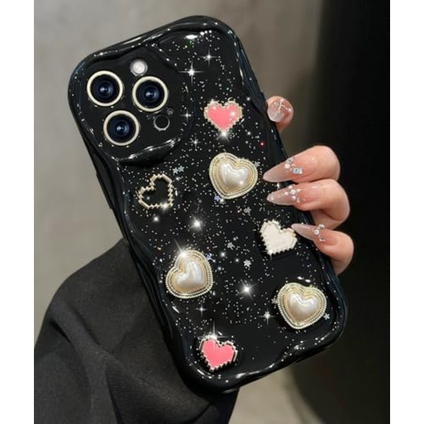 Etui for Jenter og Kvinner - Søt Jenteaktig Kjærlighetshjerte Telefondeksel for iPhone 14Pro Max Svart Glitrende Skinnende Bølge Vakker Unik Design