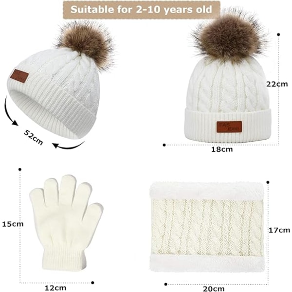 (Valkoinen) Lasten yksivärinen lämmin hattu, huivi ja hanskat kolmessa