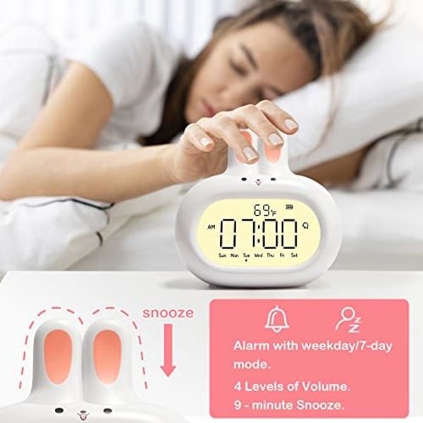 Digital väckarklocka med veckodagsvisning, söt kanin-design, enkel inställning, snooze, nattlampa, termometer, laddningsbar