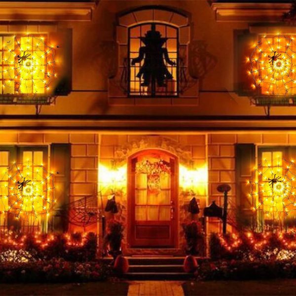 LED Halloween Svart Spindelvävsljus med 70 Vattentäta Orange LED Nätljus och 1 Svart Spindel för