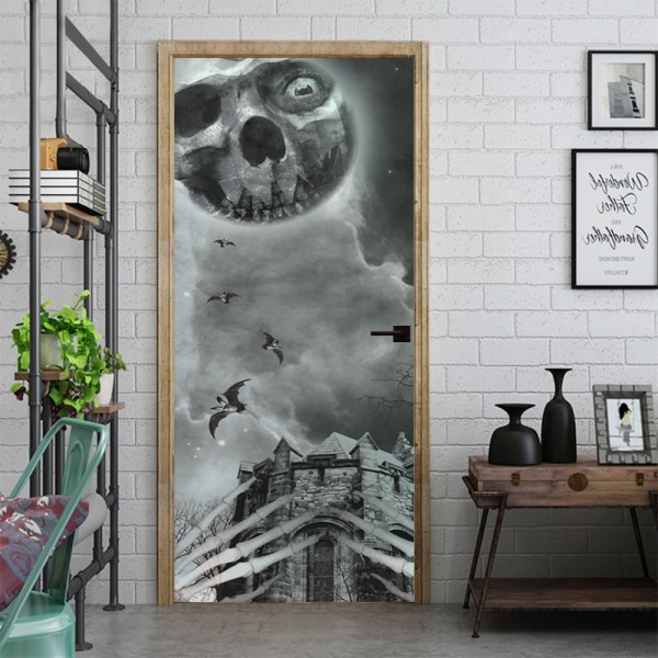 Halloween 3D Skelett Slott Dörrklistermärken, 30 x 79 Tum Realistiska Skelett Slott Dörr Tapet St