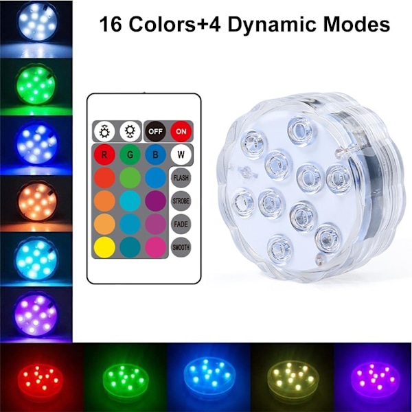 Neddykbare LED-lys, Neddykbare LED-lampe, LED-undervannslys med fjernkontroll, Neddykbare RGB-flerfargede lys