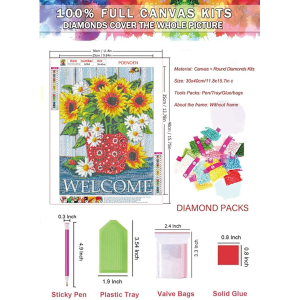 30*40 CM 5D DIY Diamantmålningssatser för heminredning Solrosor Full Drill Rund Sten HD Canvas Dia