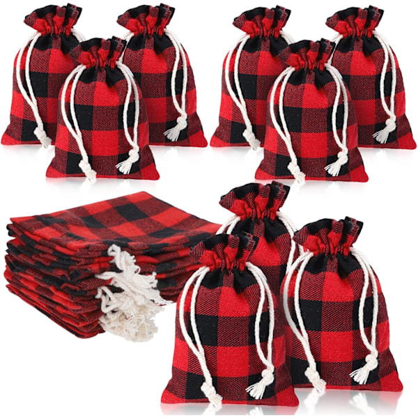 24 Styk Gaveposer Buffalo Plaid Burlap Snørepose Vaskbar Bomuld Julepose til Slikindpakning Julefest Favorit (Gen