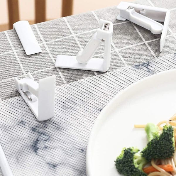 Paket med 4 vita bordsduksklämmor i plast med justerbar högspänningsklämma, bords tjocklek ca. 4,5 cm, bordsklämma för trädgård, picknick, fest, kit