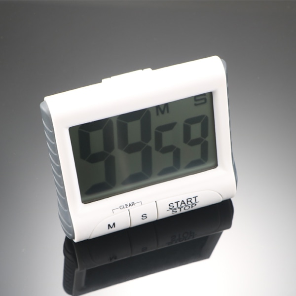 1 stk. Hvidt Digitalt Timer & Stopur, Nedtælling op til 99 Minutter/59 Sekunder, Hukommelsesfunktion, Store Tal, Magnet/Stativ