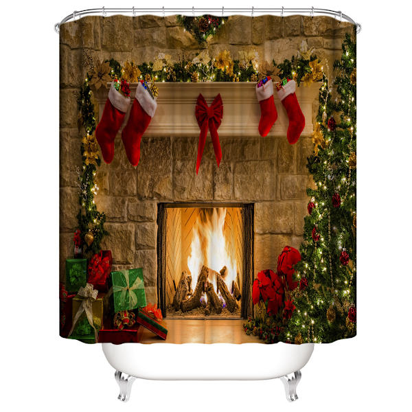 Julklappsduschdraperi 180*200cm, Julbraskamin Duschdraperi