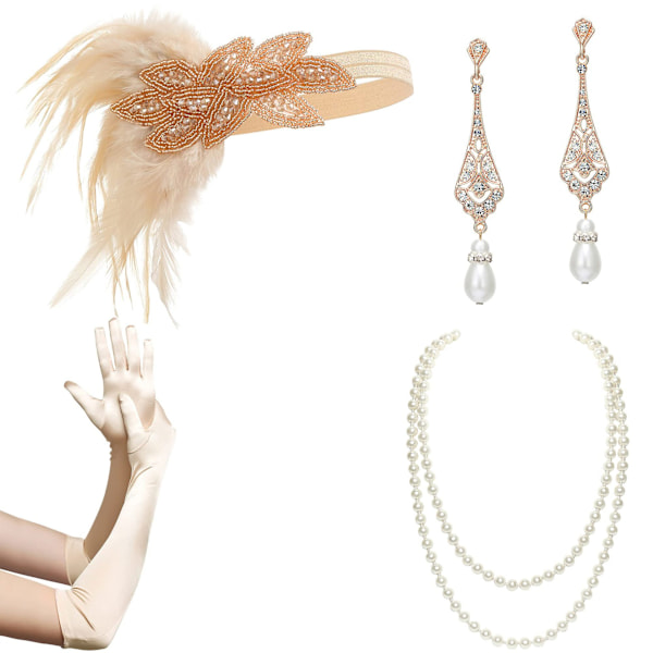 1920-luvun Flapper-asusteet, Kostuumitarvikkeet, 20-luvun Flapper-pääpanta, Helmikaulakoru, Hanskat, Muovipidike