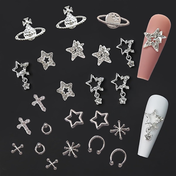 110 stk stjerne negl charms for akryl negler, sølv stjerne planet kors legering negl kunst dekorasjon, negl steiner negl juveler Ac