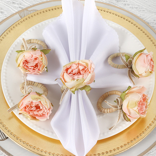 Set med 6, Rosa Pionblommor Handgjorda Servett Hållarringar Borddekorationer för Bröllop, Luncher etc.