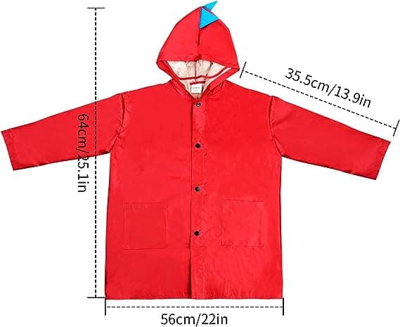 Rød regnfrakk for barn, 5-8 år, hette regnponcho jakke for