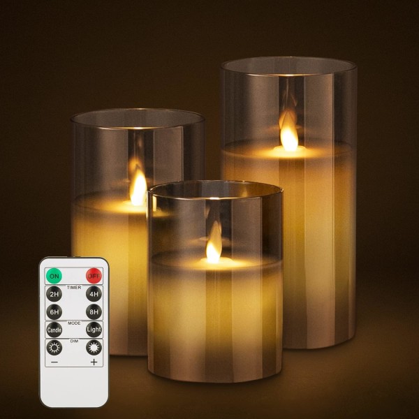 Bougie LED, Set de 3 bougies LED sans flamme, Gris avec