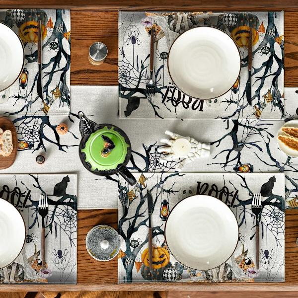 Sett med 4 Spøkelsesgresskar Tre Hund Boo Halloween Plassmatter, 12x18 Tommer Sesongmessig Høstferie Bordmatter for Fest Kjøkken