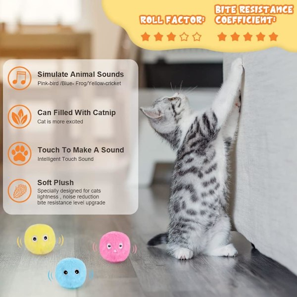 3-pack Interaktiv Katt Leksak, Kattboll med Kattmynta och Inbyggt Batteri, Högkvalitativ Plysch Innehåller Fågel, Groda och Gräshopp