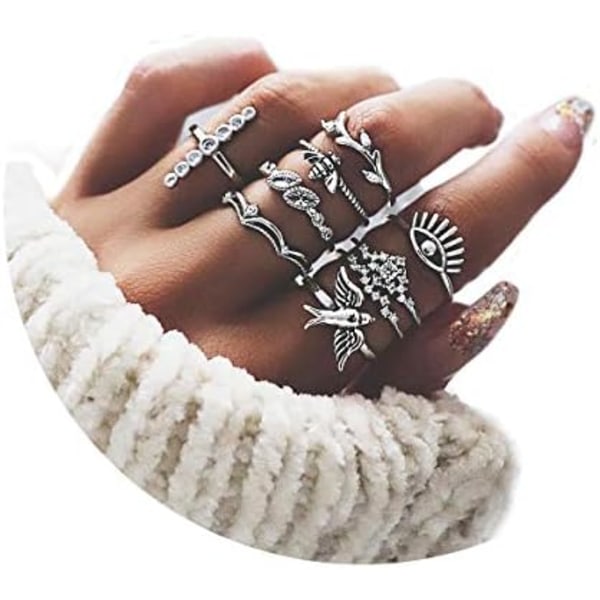 9 st Knuckle Stacking Ringar för Kvinnor, Boho Vintage Stackbara Midi Fingerringar Set
