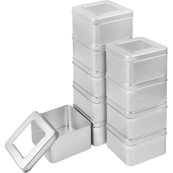 (Pakke med 10) - L9 x B9 x H5,7 cm - Tom bærbar firkantet kosmetikkbeholder i metall - Tomt lysglass, lite tomt glass, overlevelsessett
