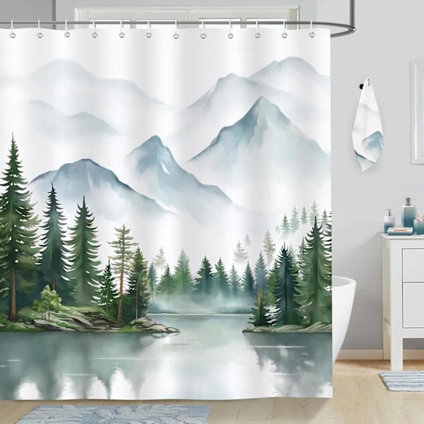 Misty Forest Bruseforhæng Grønt Akvarel Bjerg Sø Badeforhæng Polyester Stof Anti-Skimmel Vandtæt Vaskbart Badeværelsesforhæng 180 x 180 cm w