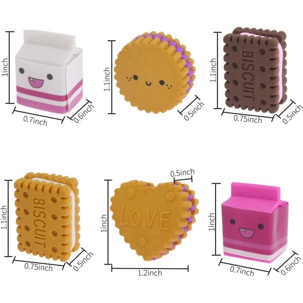 6 stk Søt Kawaii Cookie Eraser Set, Milk Cookie Eraser Schoo