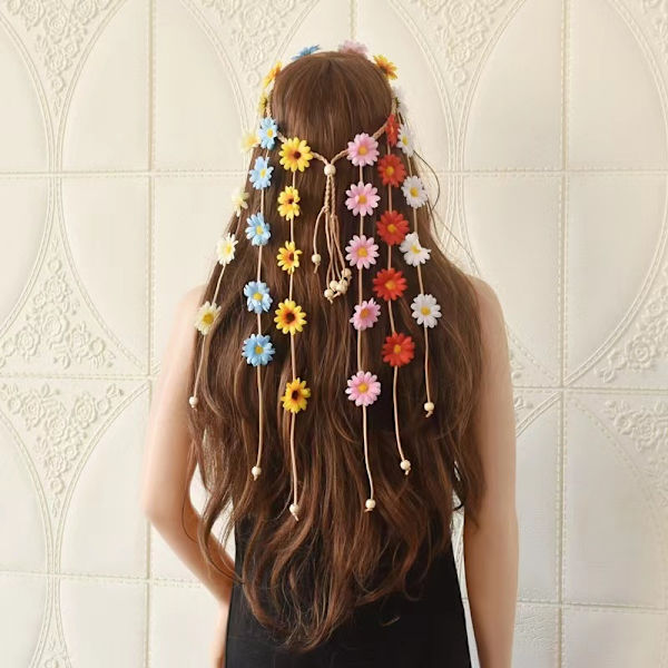 （farge）Blomster Hippie Hodebånd Blomsterkrone Solsikker Perler Justerbar Blomster Hodeplagg Hårtilbehør