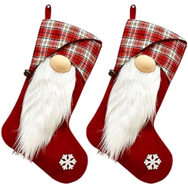 2 stk. Jule Strømpe, 17.7x7.87inch Skæg Tartan Rød Grå Ansigtsløs Dukke Jule Strømpe Rudolph Print Jule Strømpe