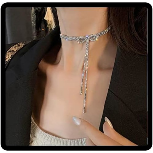 Sølv Lang Choker Halskæde med Krystalbue til Kvinder Piger