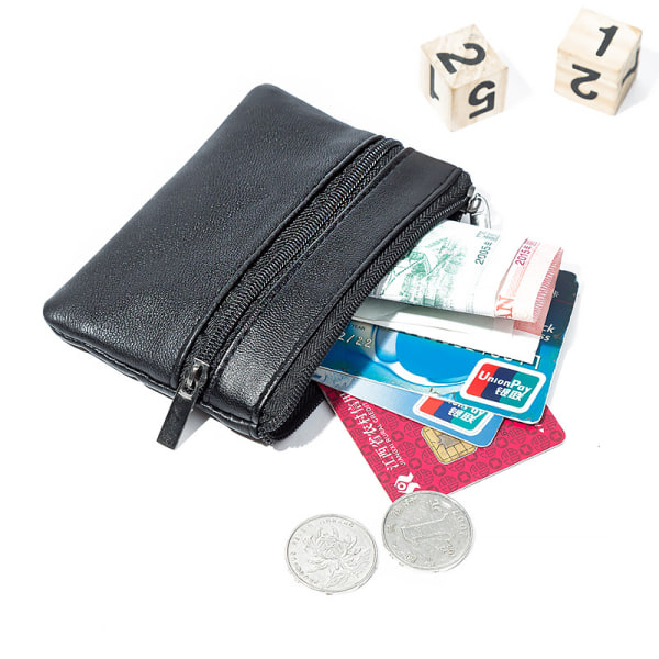 Liten plånbok i äkta läder med dragkedja - korthållare Svart