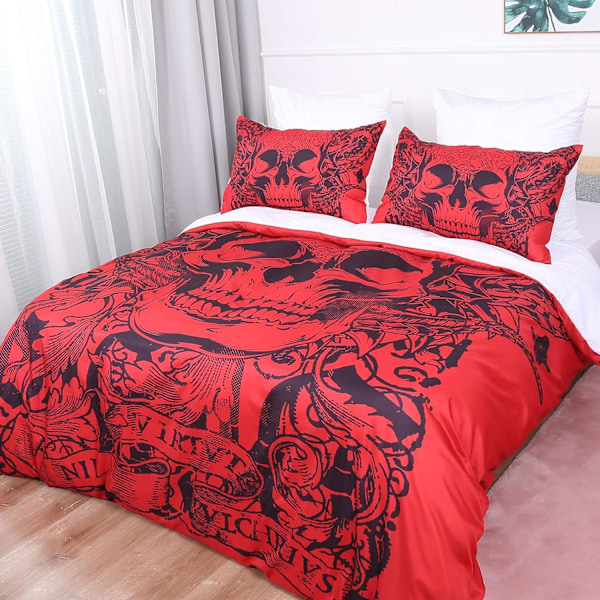 135X200cm Röd Skalle Täcke Set Gotisk Tatuering Sängkläder Set 2-Delar Blommig Quilt Set med Kuddfodral