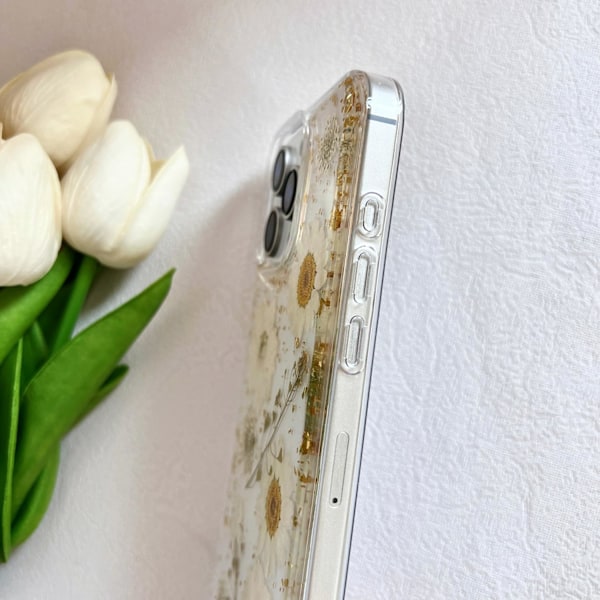 för iPhone 16 Pro Max Transparent Skal med Pressade Äkta Blommor Design, Glitter Sött Vitt Blommönster Slim Mjukt TPU Skyddande Fodral för Kvinnor Flickor