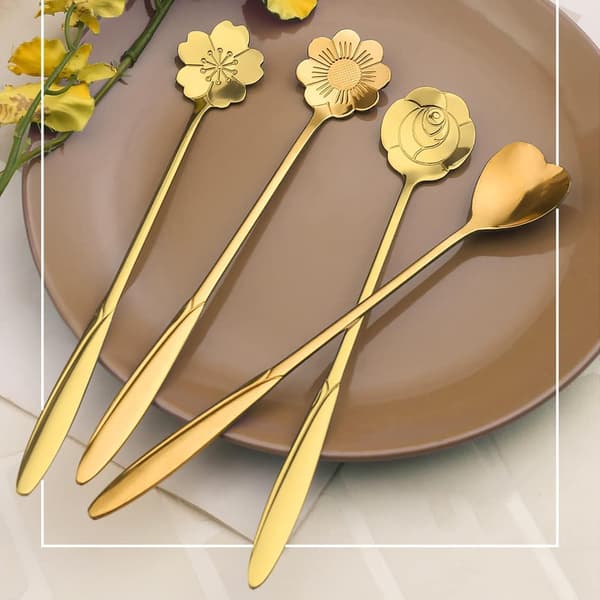 7-tommer 4 stk. blomsterske kaffe teskésæt, drikkerøreske til dessert, kaffe, is, te (guld)