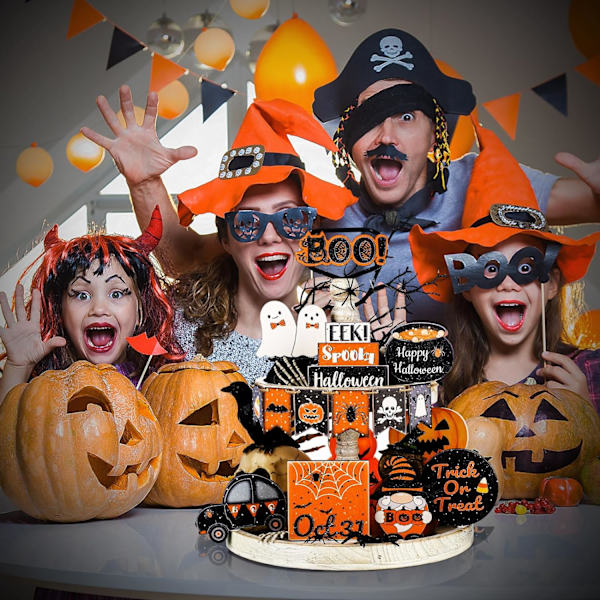 15 stk Halloween-dekor til lagdelt brett - Søte Halloween-skilt i tre, svart og oransje, skilt til lagdelt brett, Happy Halloween-skilt i tre