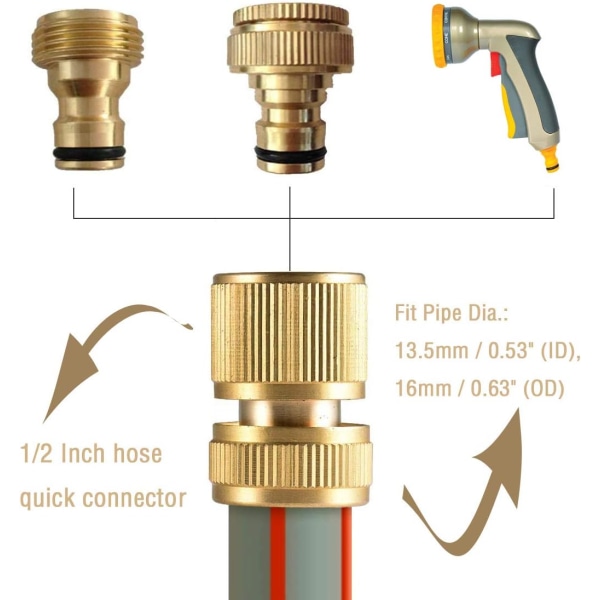 1/2'' messinkinen pikaliitin letkulle ja 2-in-1 messinkinen hana-adapteri puutarhaan - 4 kpl