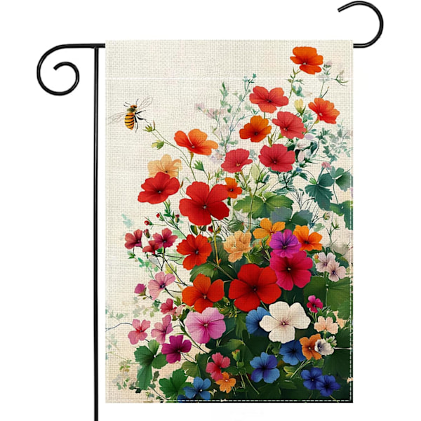 Kevätmehiläinen Punainen Pelargonia Puutarhalippu 30x45 cm Tervetuloa Kesä Värikäs Kukka Kukka-aiheinen Piha Ulkolippu Talo Loman Ulkokoriste Juuttikangas