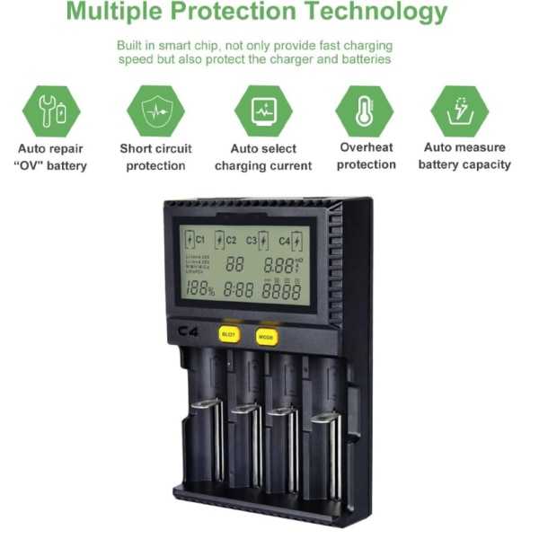 18650 Universell intelligent batterilader med LCD-skjerm for NI-MH, NI-CD, AA, AAA, 14500, 18350