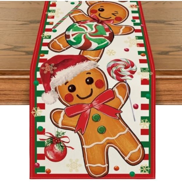 13x72 Inch  Gingerbread Candy Cane Christmas Table Runner, Seasonal Winter Kitchen Dining Table Decoration for Home Part