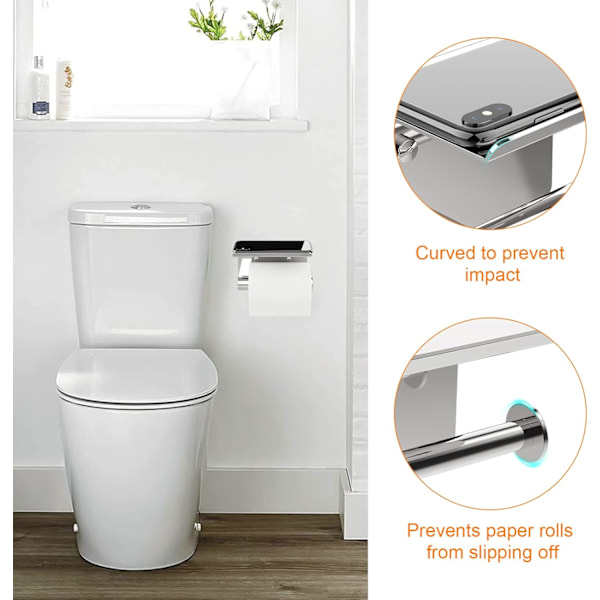 Hopeanvärinen WC-paperiteline, seinään asennettava WC-paperiteline, 304 ruostumatonta terästä, asennus
