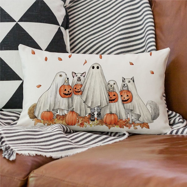 Halloween Putetrekk 12x20 tommer Halloween Spøkelses Hunder Gresskar Lumbar Putetrekk for Høst Halloween Dekorasjoner Hallo