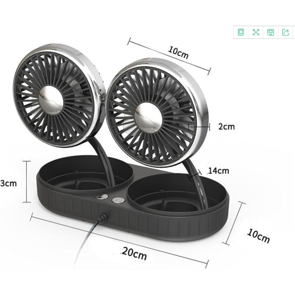 (Sort Sølv) Bil Dobbelt Hoved Ventilator, Bærbar USB Elektrisk Auto Kølevifte, Sommer Køretøj Monteret F