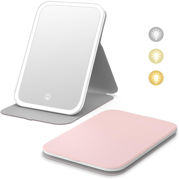 smink spegel, LED bärbar spegel med ljus, touch screen smink spegel, 3-färgs dimbar lig Pink