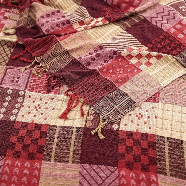 Chenillevävd filt, dubbelsidig lapptäcke med fransar, bohemiskt överkast, 220x260cm