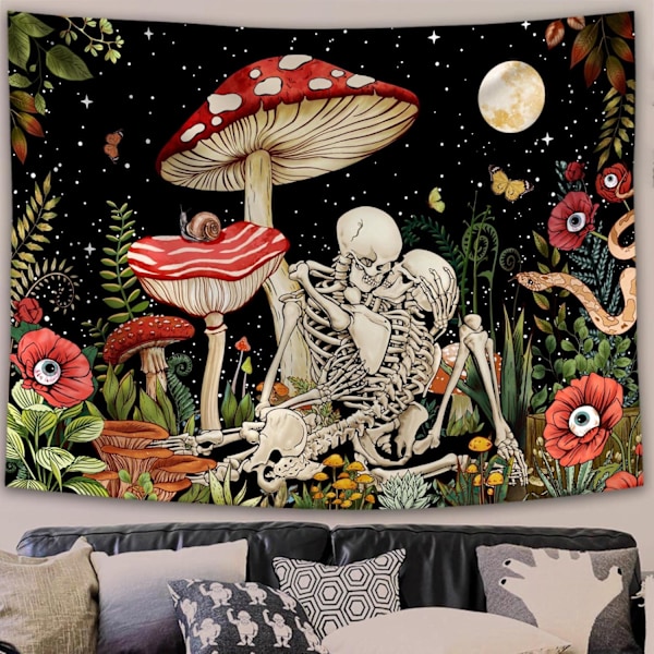 Svamp Skalle Tapestry Skelett Blommig Växt Blomma Estetisk Sovrum Tapestry Natur Måne Väggbonad för Sovsal Vardagsrum